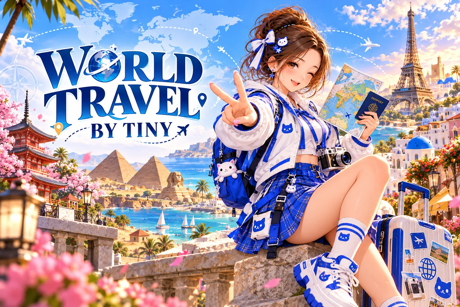 Tiny, a smiling traveller with a backpack, camera, map and passport, flashing a peace sign in front of the Eiffel Tower, pyramids, a Japanese pagoda and a Greek seaside town